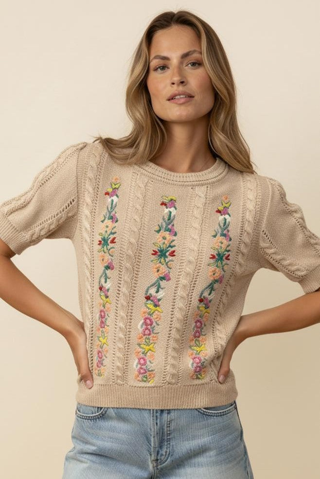 CABLE EMBROIDERY FLORAL SWEATER TOP