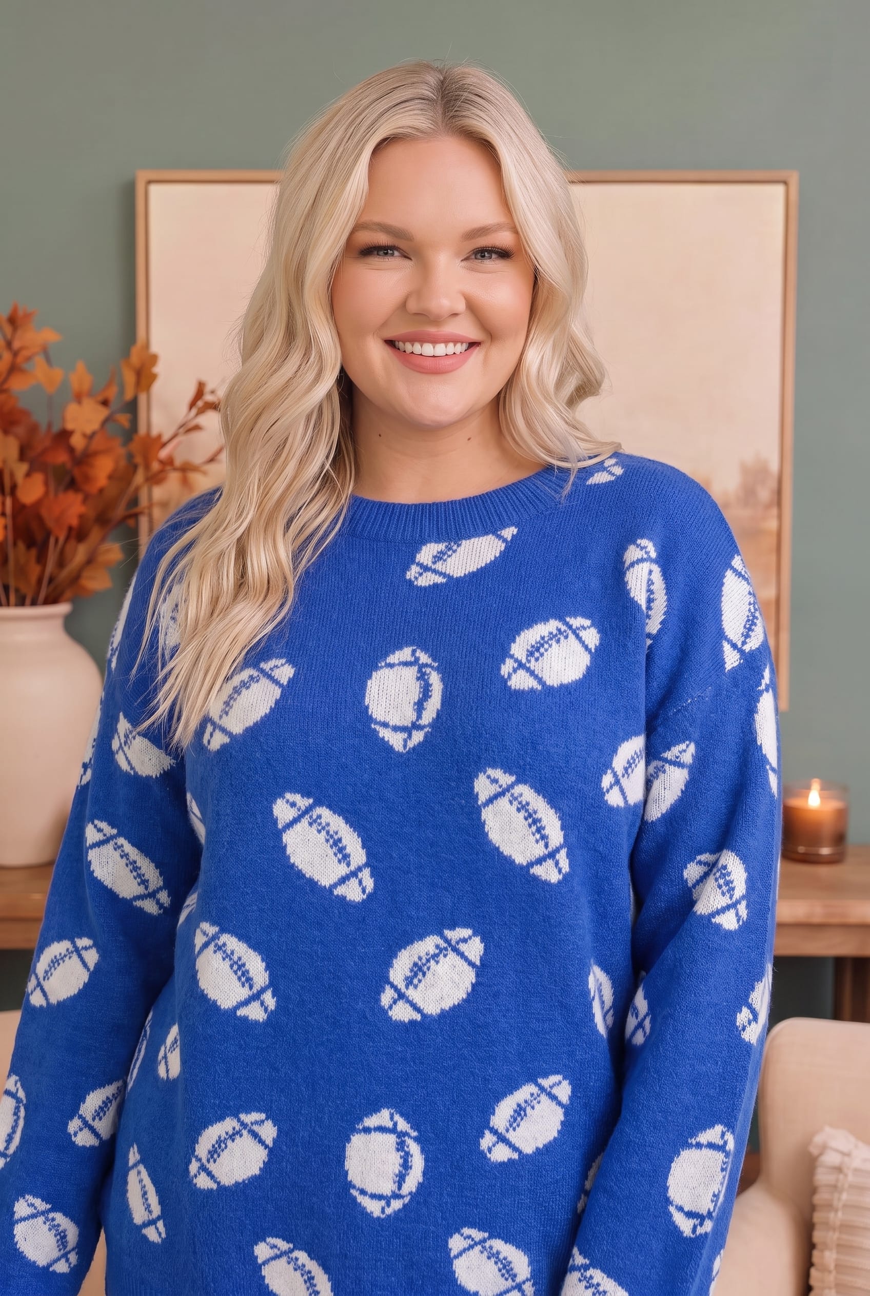 Plus Royal Blue Football Print Knit Sweater