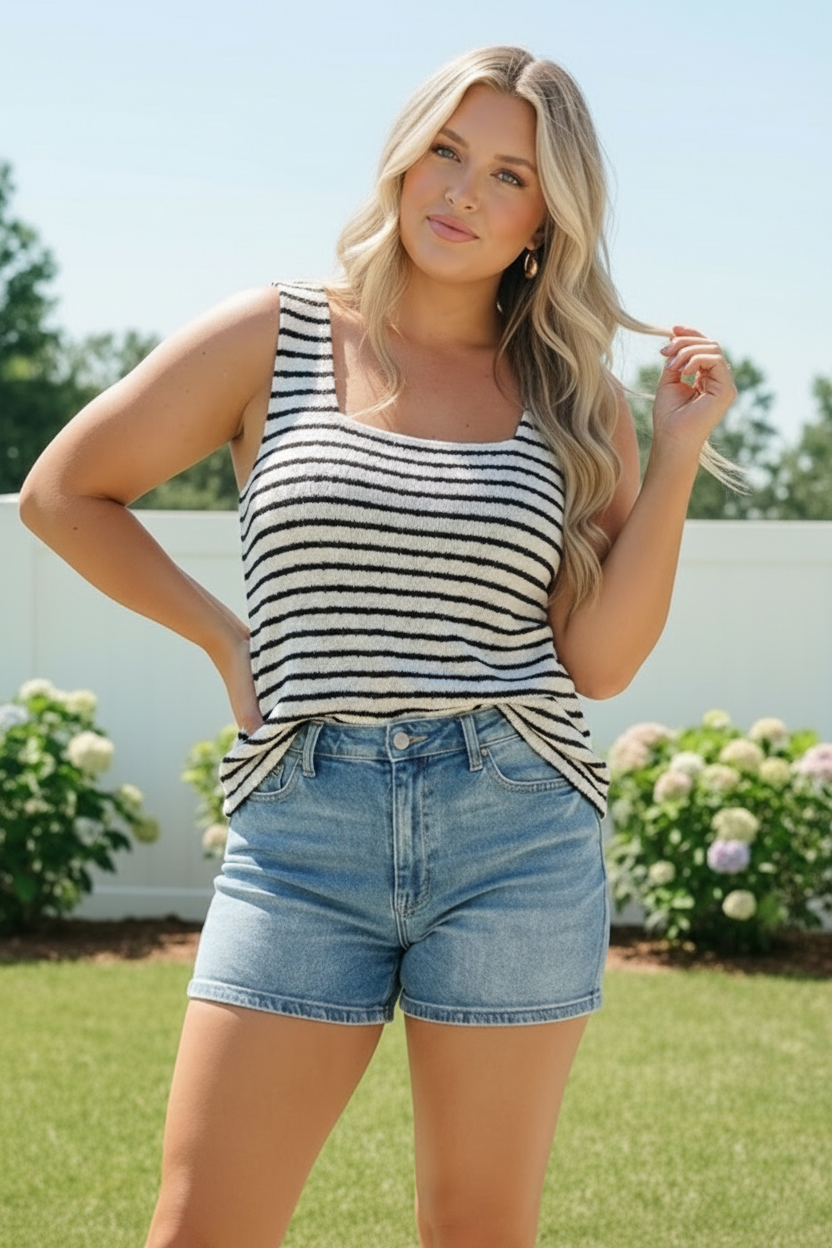 Plus Striped Textured Knit Sleeveless Tank Top