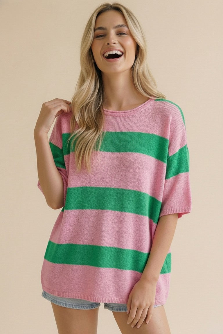 PLUS pink/green ROUND NECK SHORT SLEEVE STRIPE SWEATER TOP