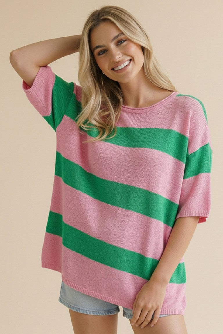 PLUS pink/green ROUND NECK SHORT SLEEVE STRIPE SWEATER TOP