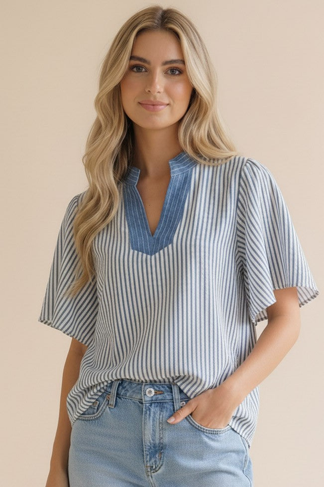 STITCHED NECK BAND FLUTTER SLEEVE STRIPE TOP