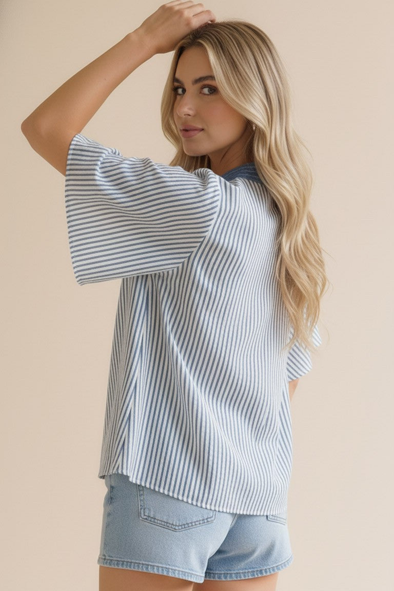 STITCHED NECK BAND FLUTTER SLEEVE STRIPE TOP