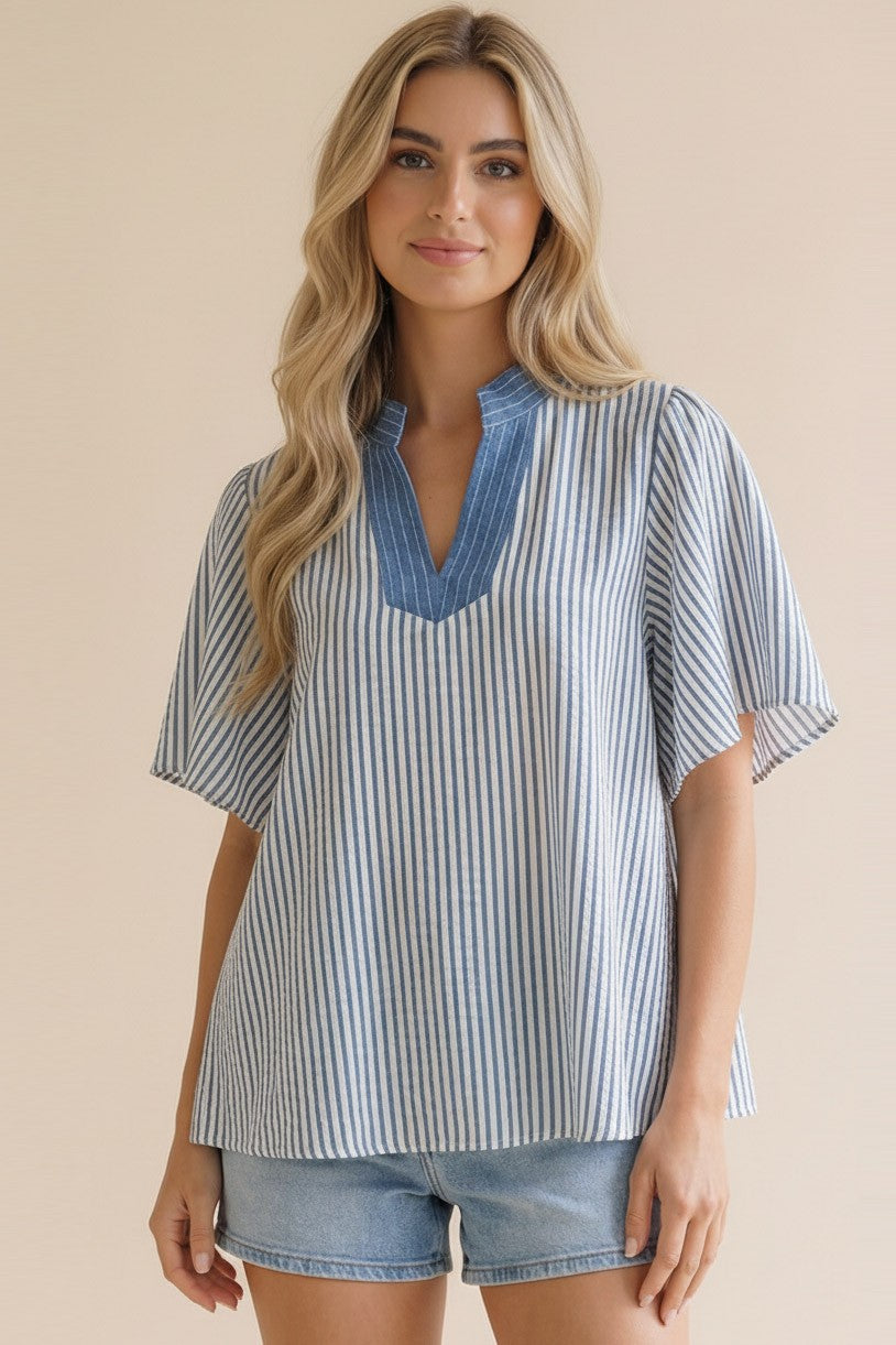 STITCHED NECK BAND FLUTTER SLEEVE STRIPE TOP