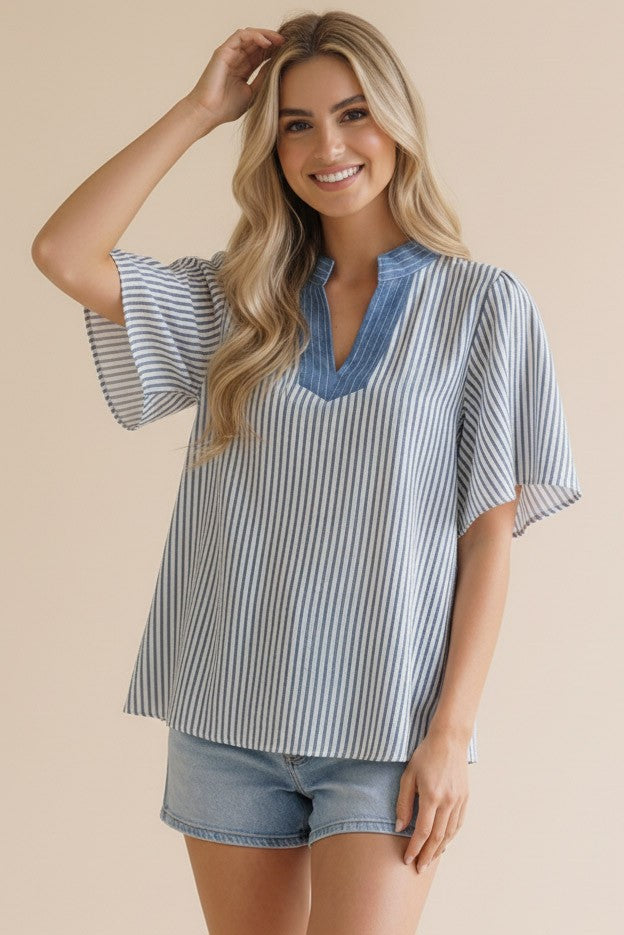 STITCHED NECK BAND FLUTTER SLEEVE STRIPE TOP