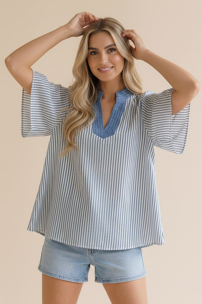 STITCHED NECK BAND FLUTTER SLEEVE STRIPE TOP