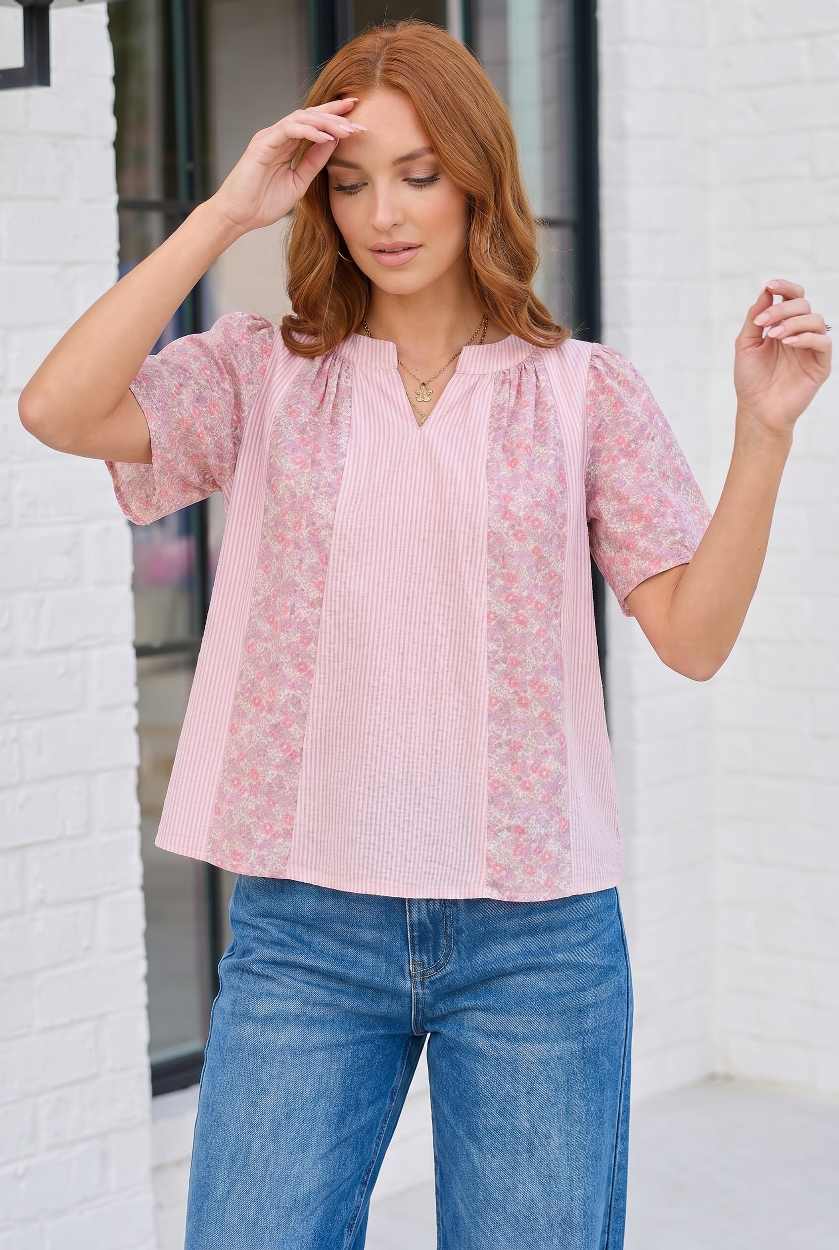 Pink Mixed Print Flutter Sleeve Top