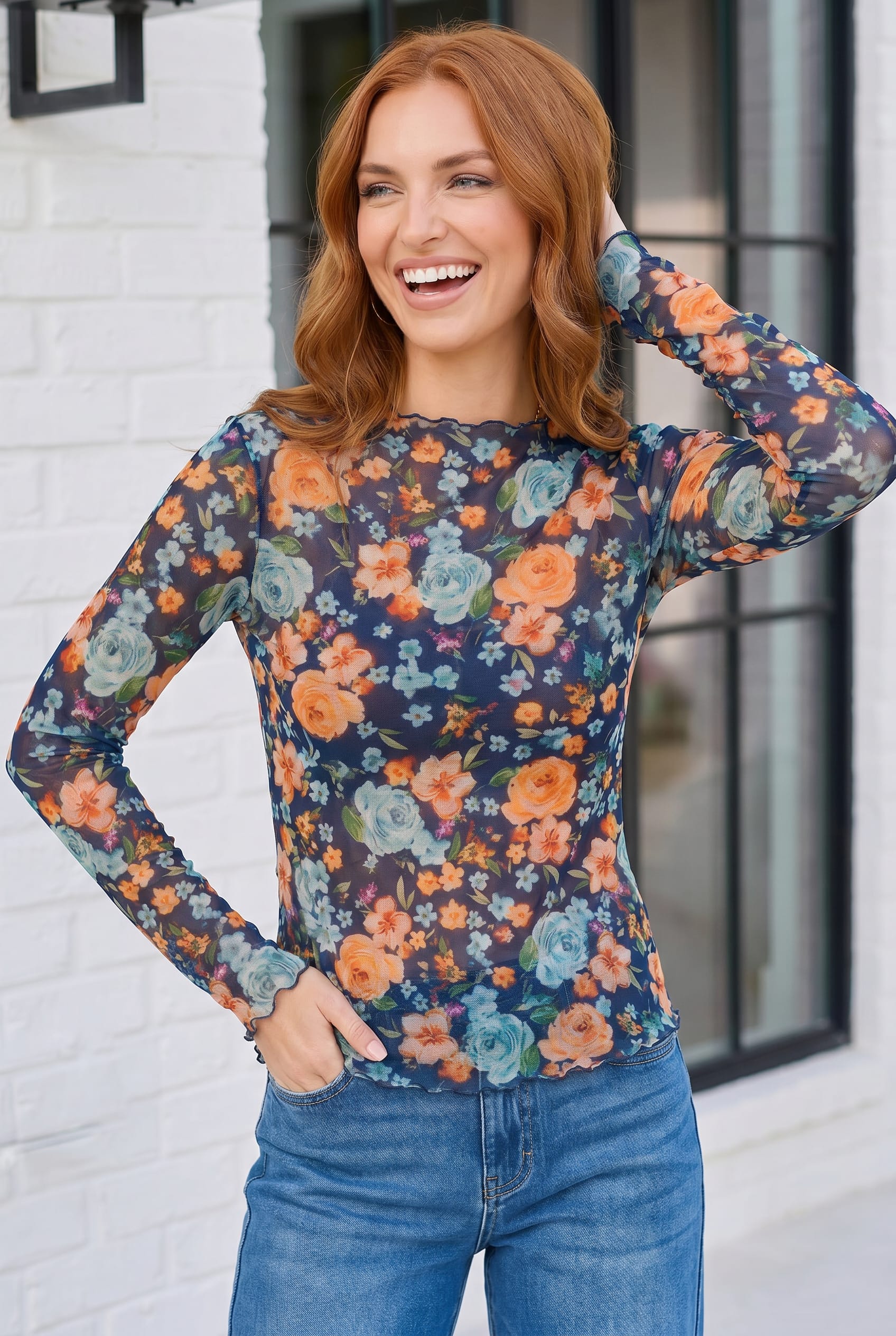 Navy Floral Mesh Long Sleeve Top