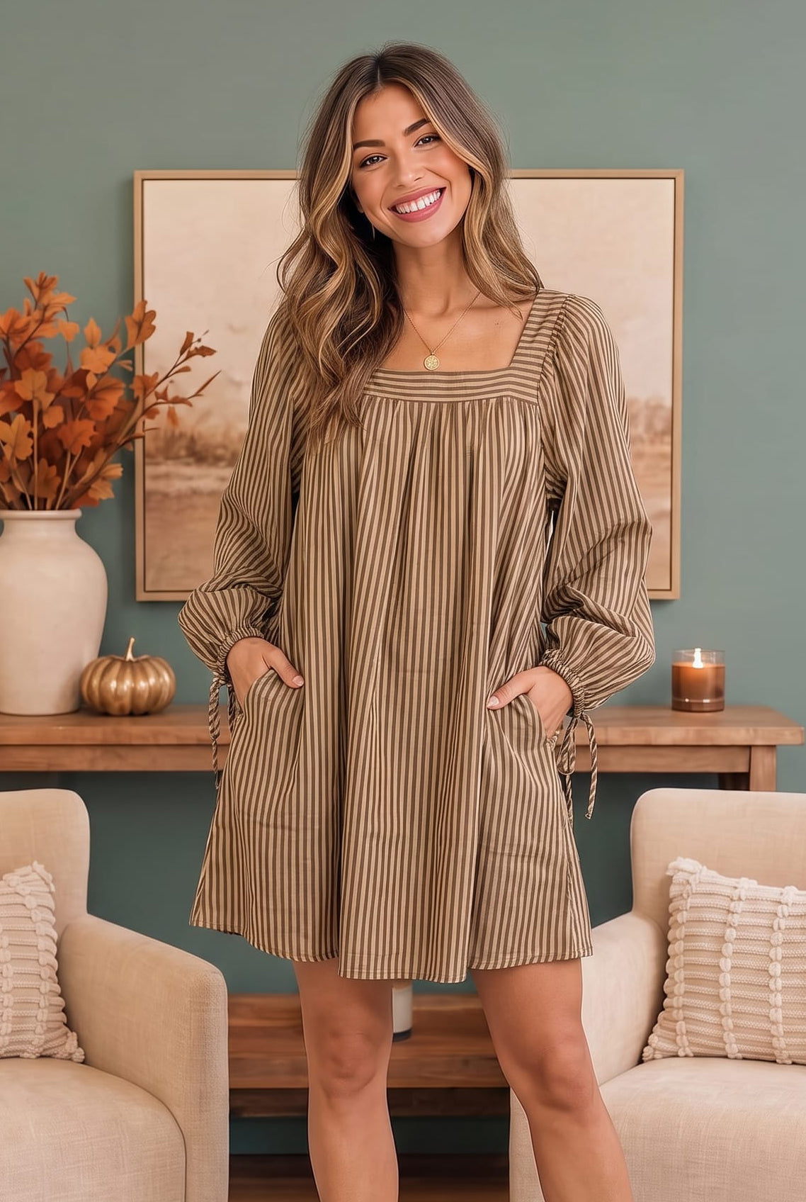 Striped Square Neck Lined Balloon Sleeve Dress