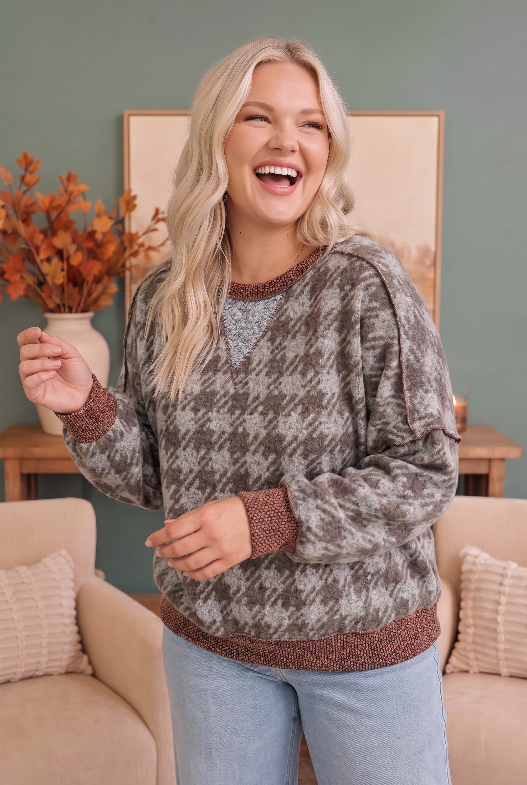 Plus Mocha Houndstooth Oversized Knit Sweater Top