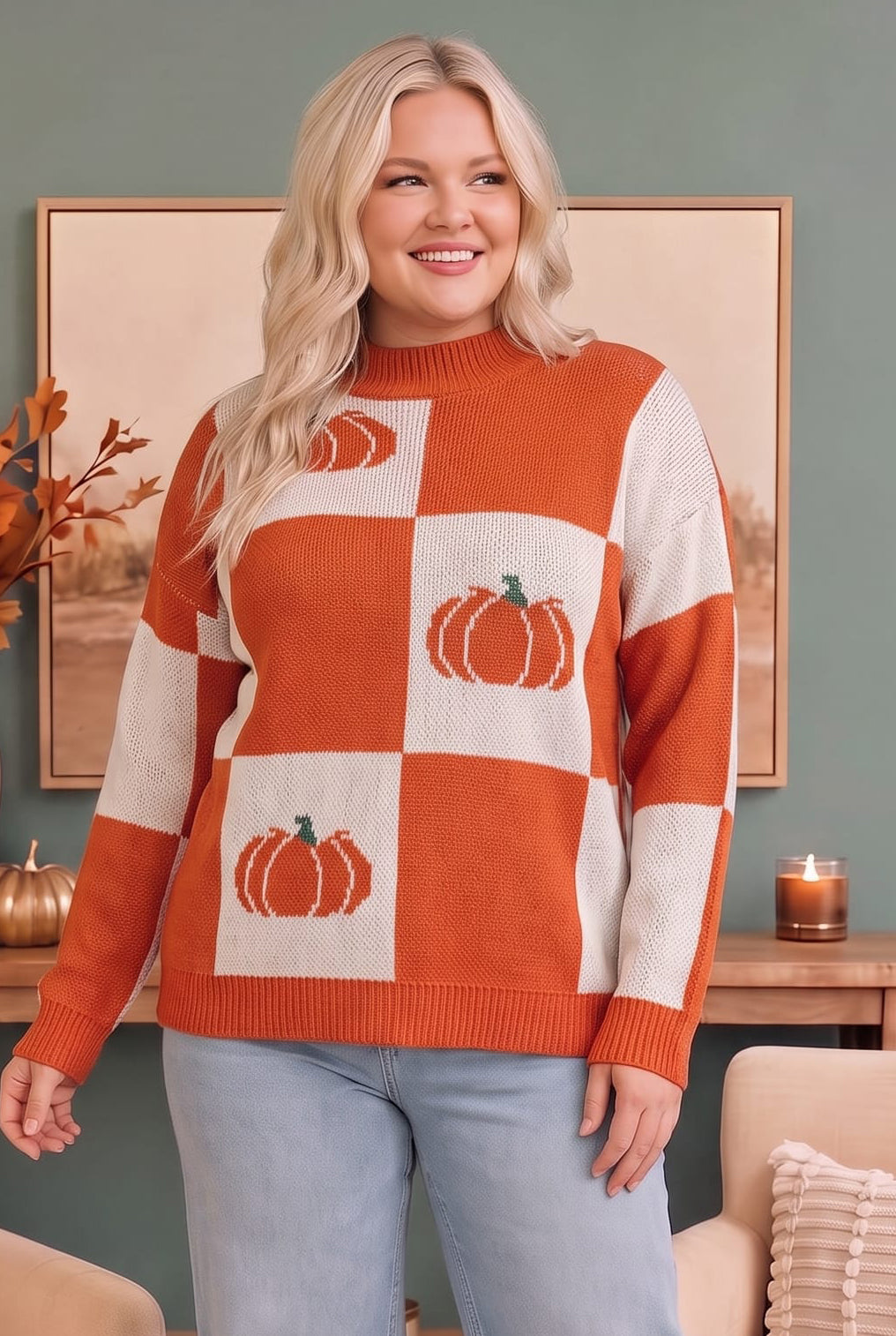 Plus Pumpkin Checkered Mock Neck Knit Sweater