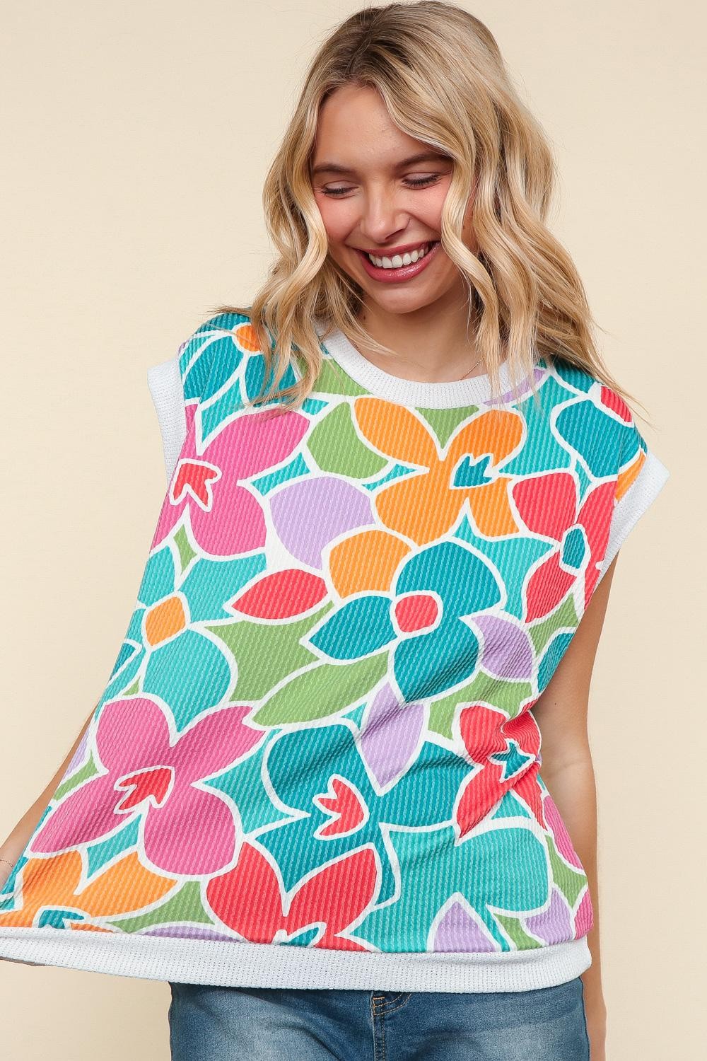Mint Dolman Short Sleeve Floral Print Knit Top