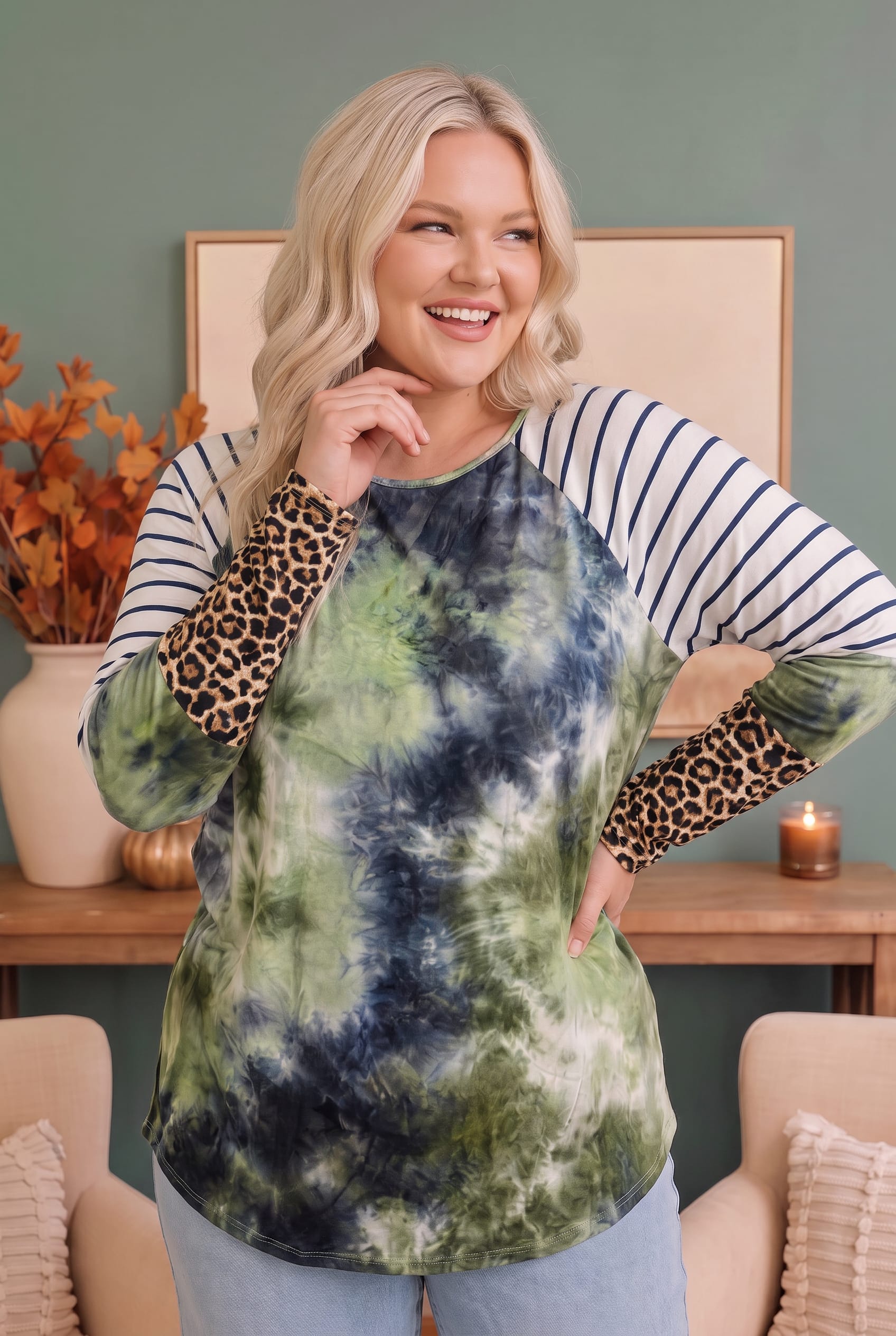 Plus Tie Dye Mixed Print Raglan Long Sleeve Top