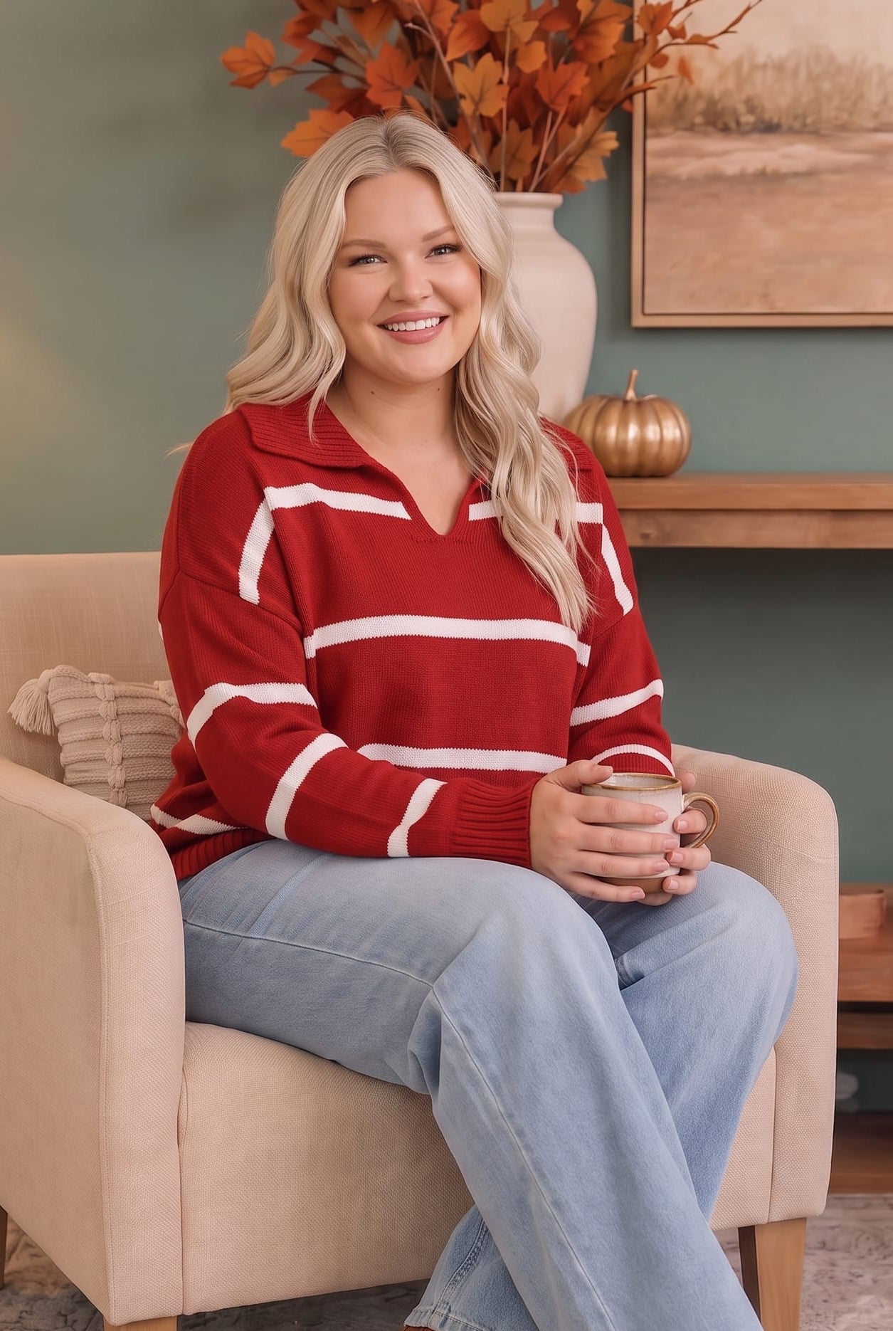 Plus Red and White Stripe Collared V-Neck Sweater