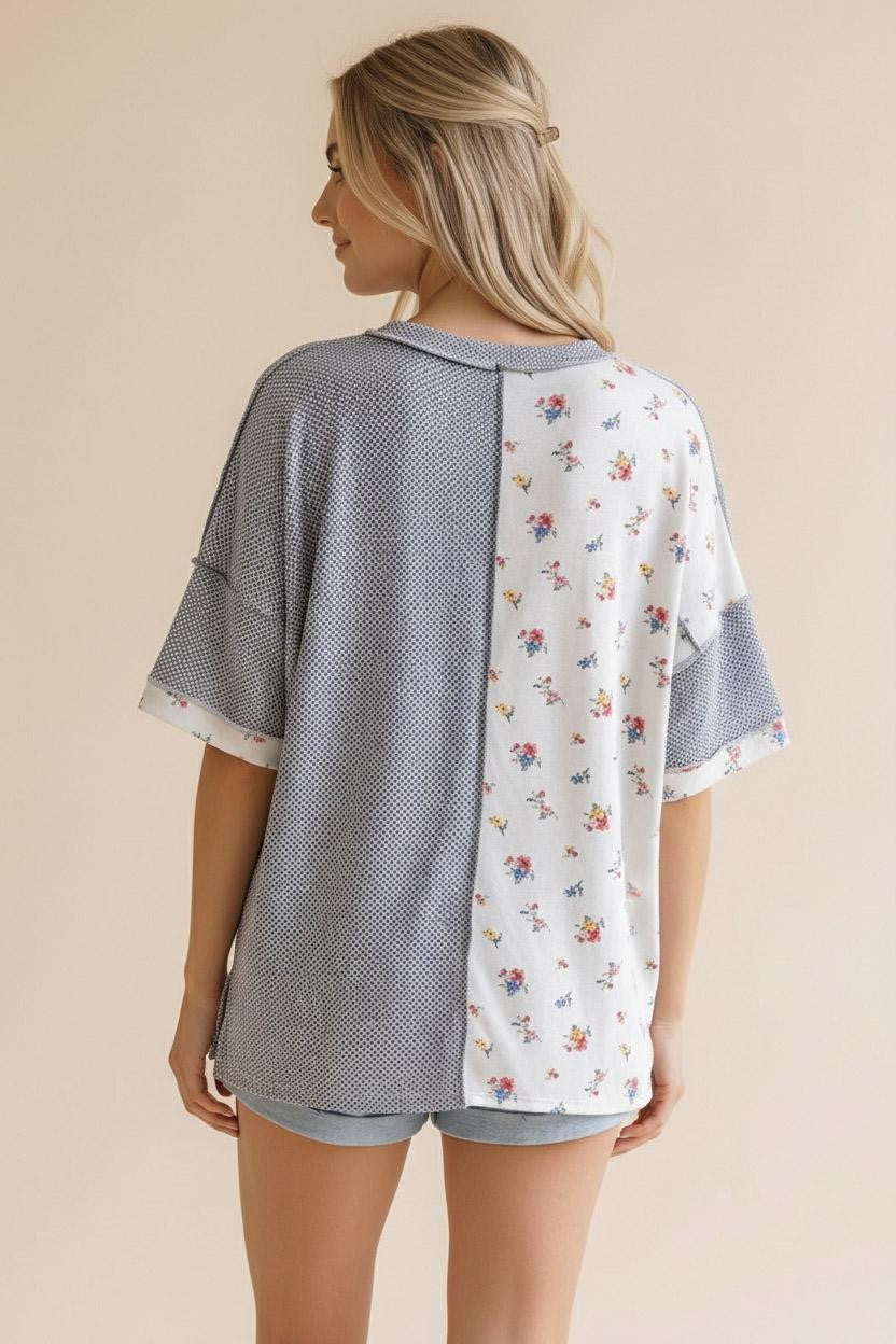 Grey TEXTURED KNIT FLORAL COLOR BLOCK PATCHWORK TOP