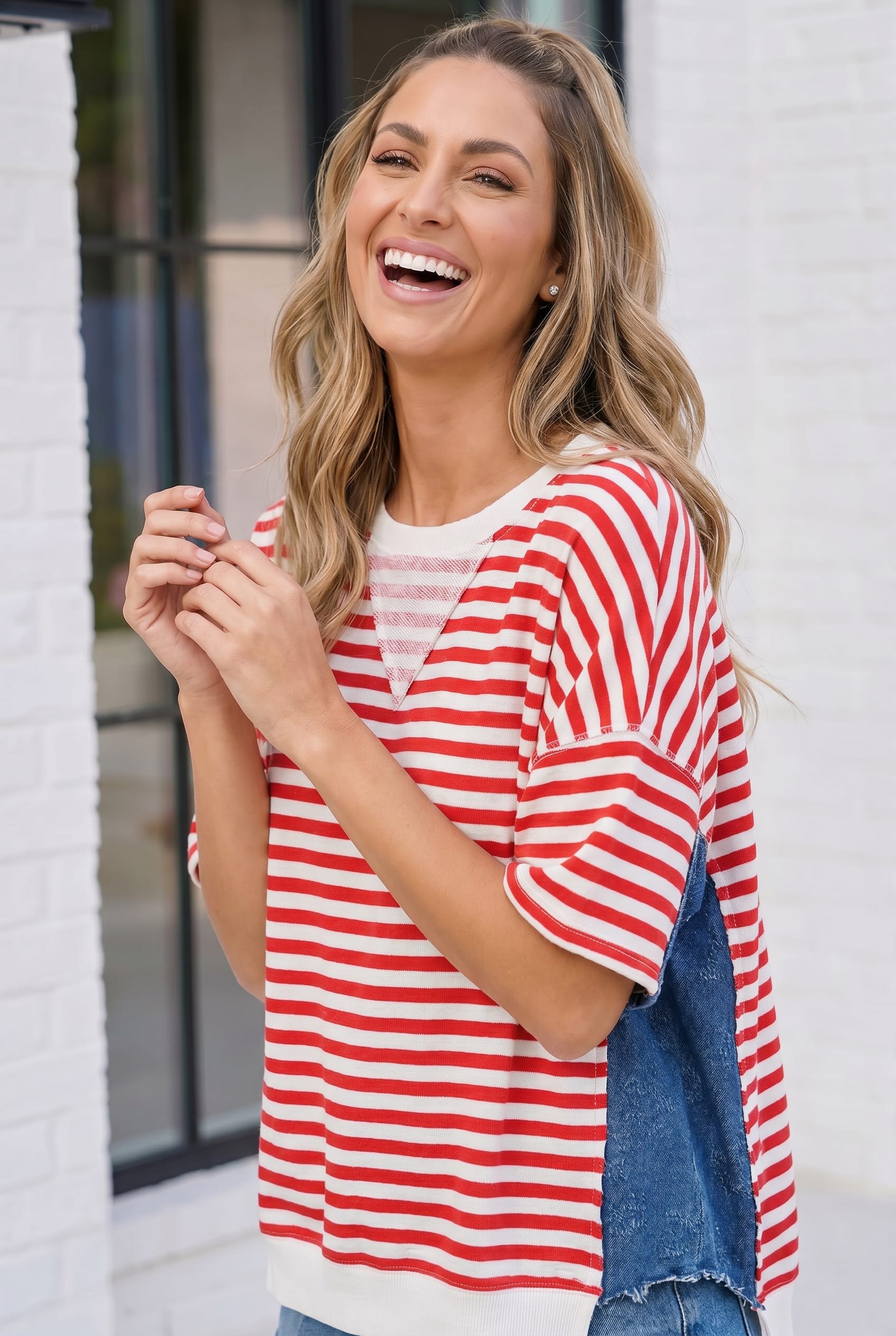 Red White Stripe Denim Contrast Panel Top