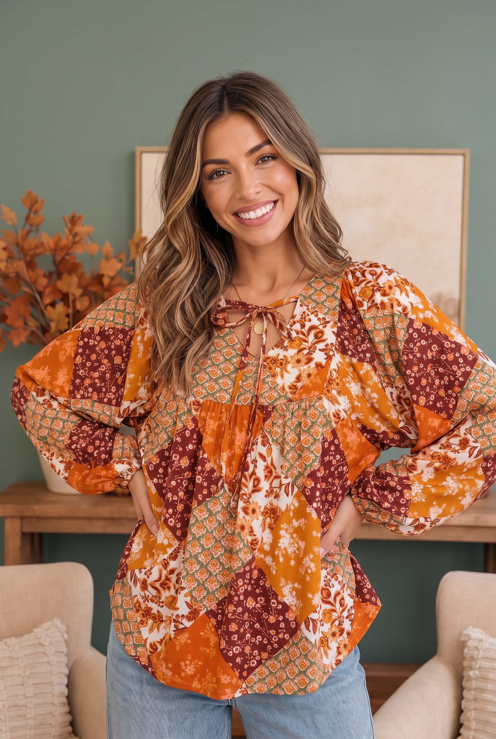 Autumn Patchwork Boho Blouse in Rust (Open Pack)