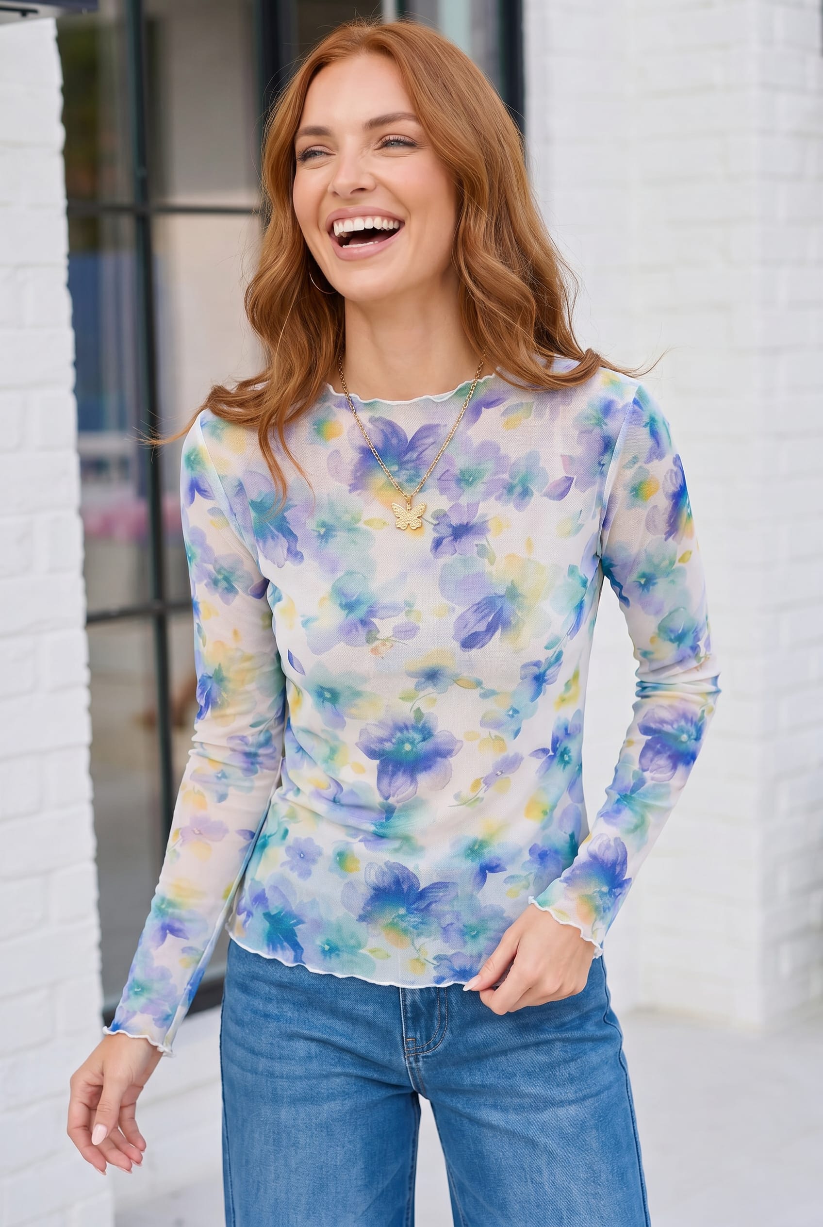 Watercolor Floral Mesh Long Sleeve Top