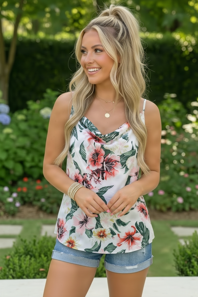Tropical Floral Cowl Neck Tank Top