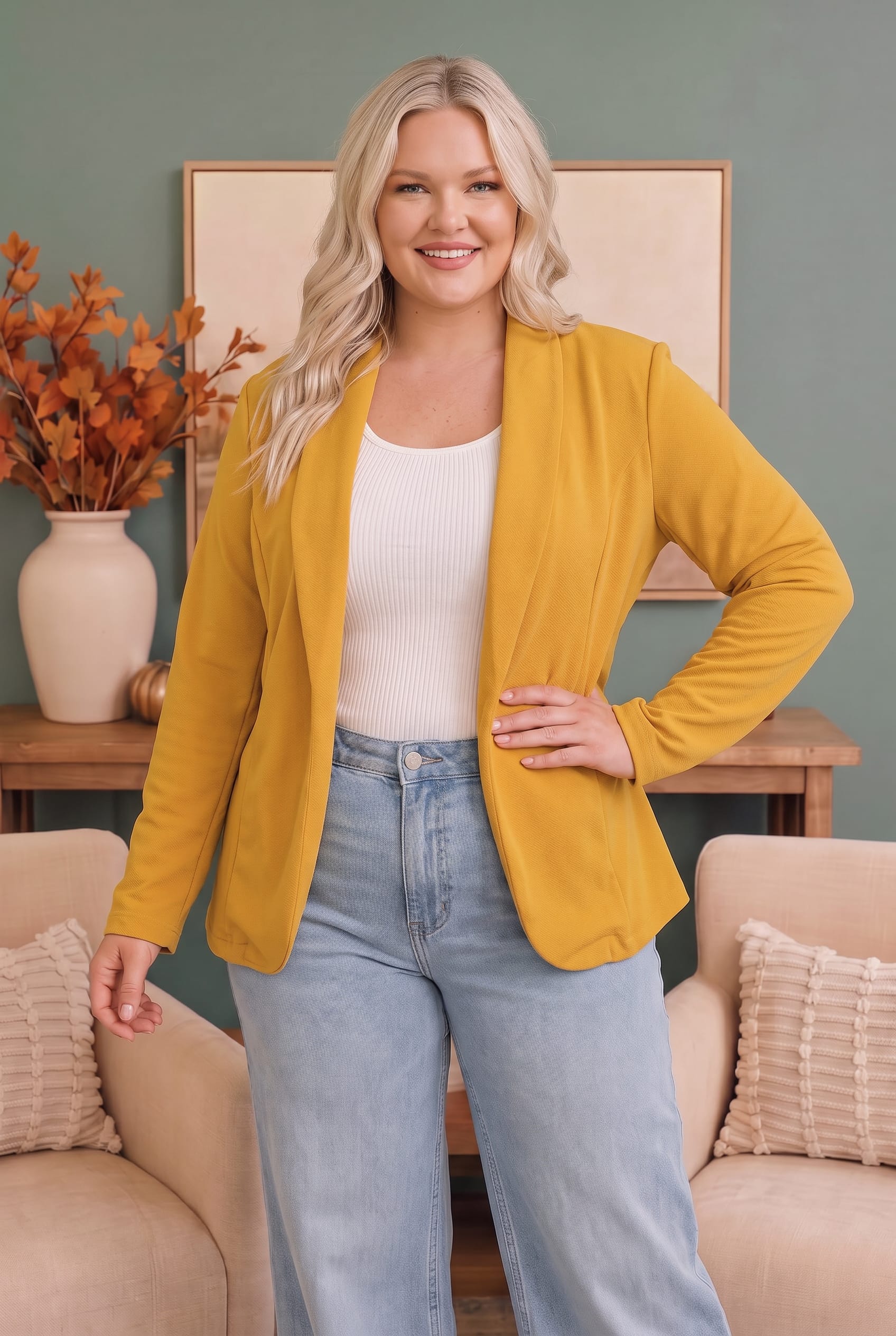 PLUS MUSTARD THREE QUARTER SLEEVE BUTTON CLOSURE SOLID BLAZER