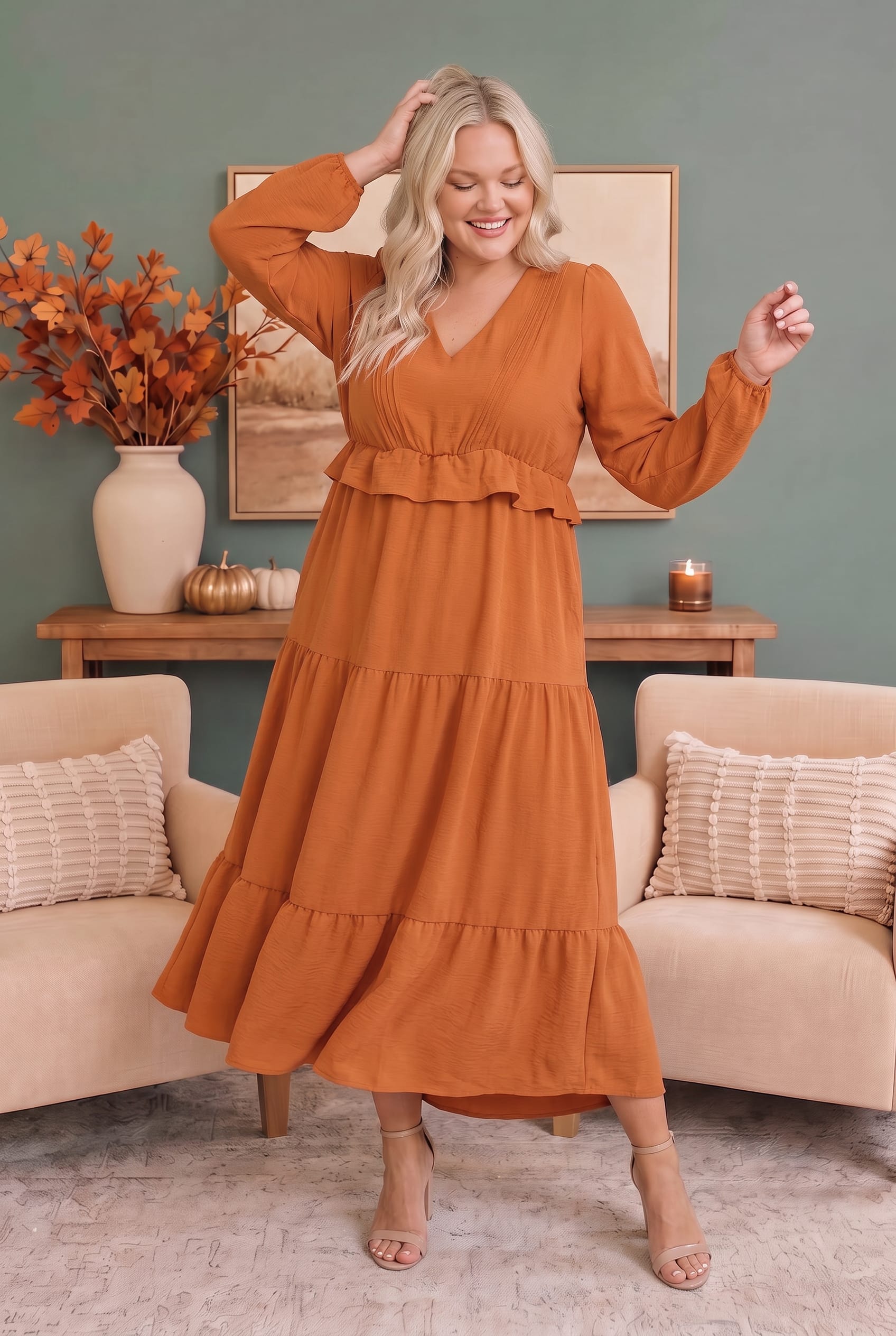Plus Rust V Neck Pintuck Detail Solid Woven Dress