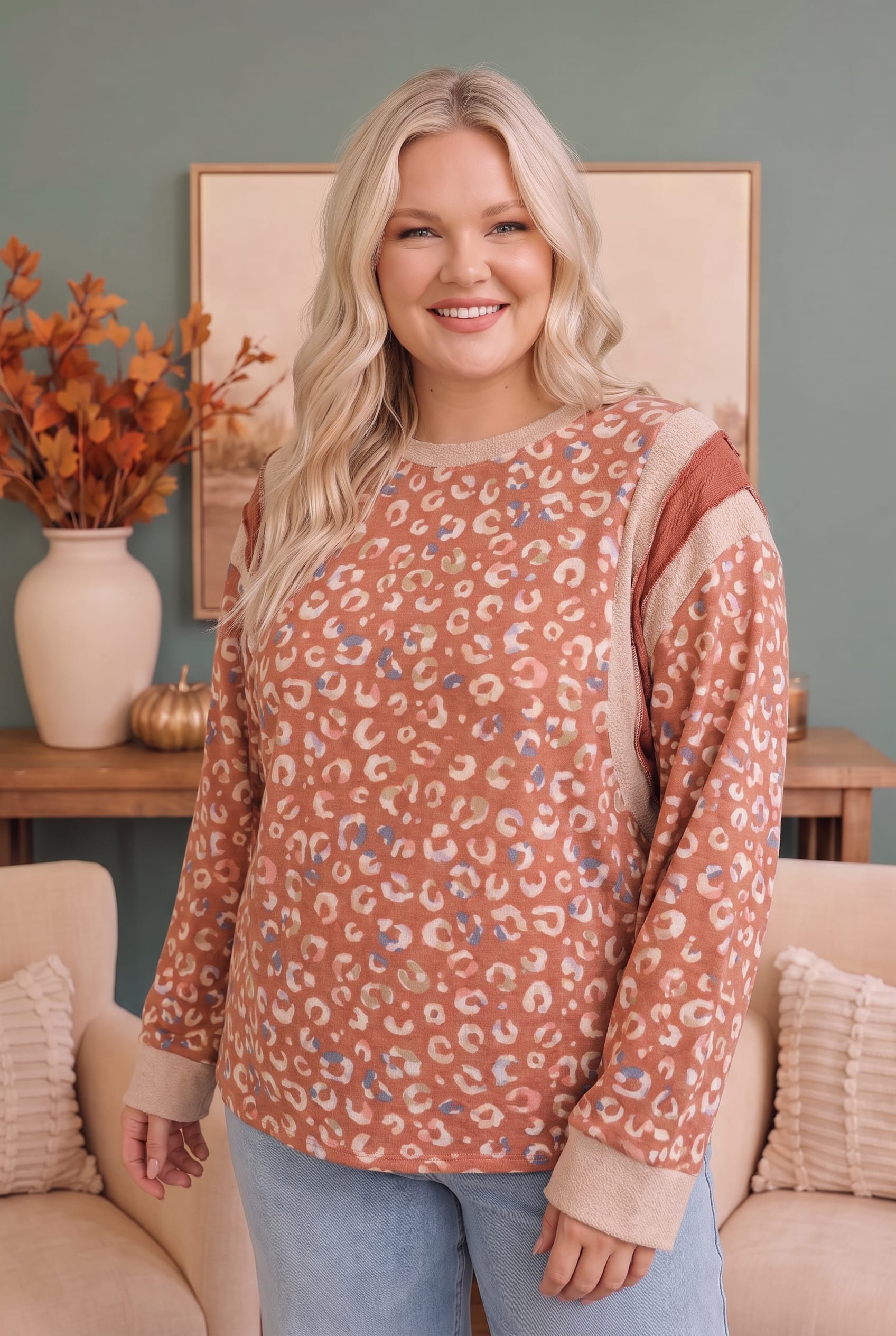 Plus Rust Leopard Print Color Block Long Sleeve Top