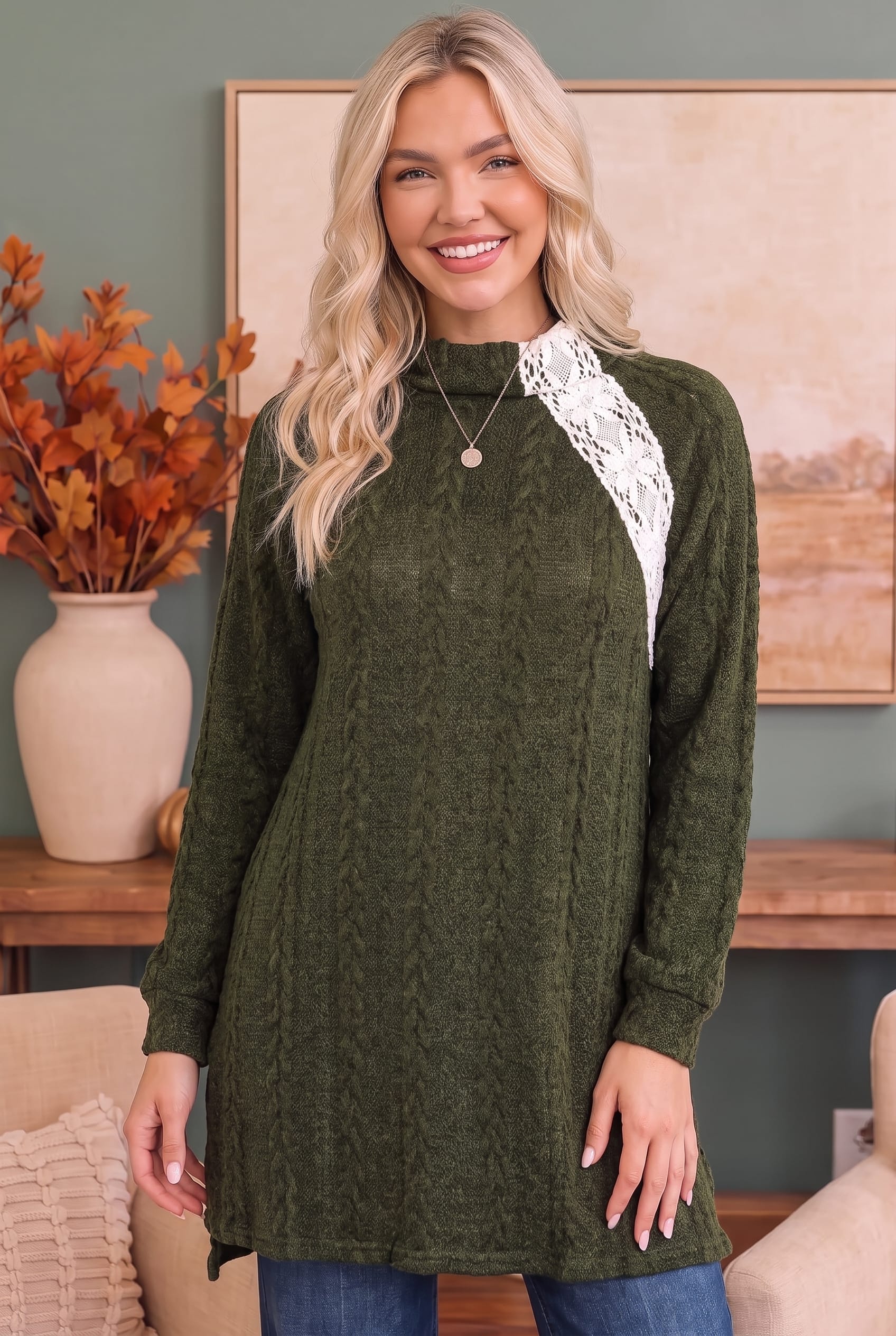 Olive Crochet Embellished Sweater Tunic