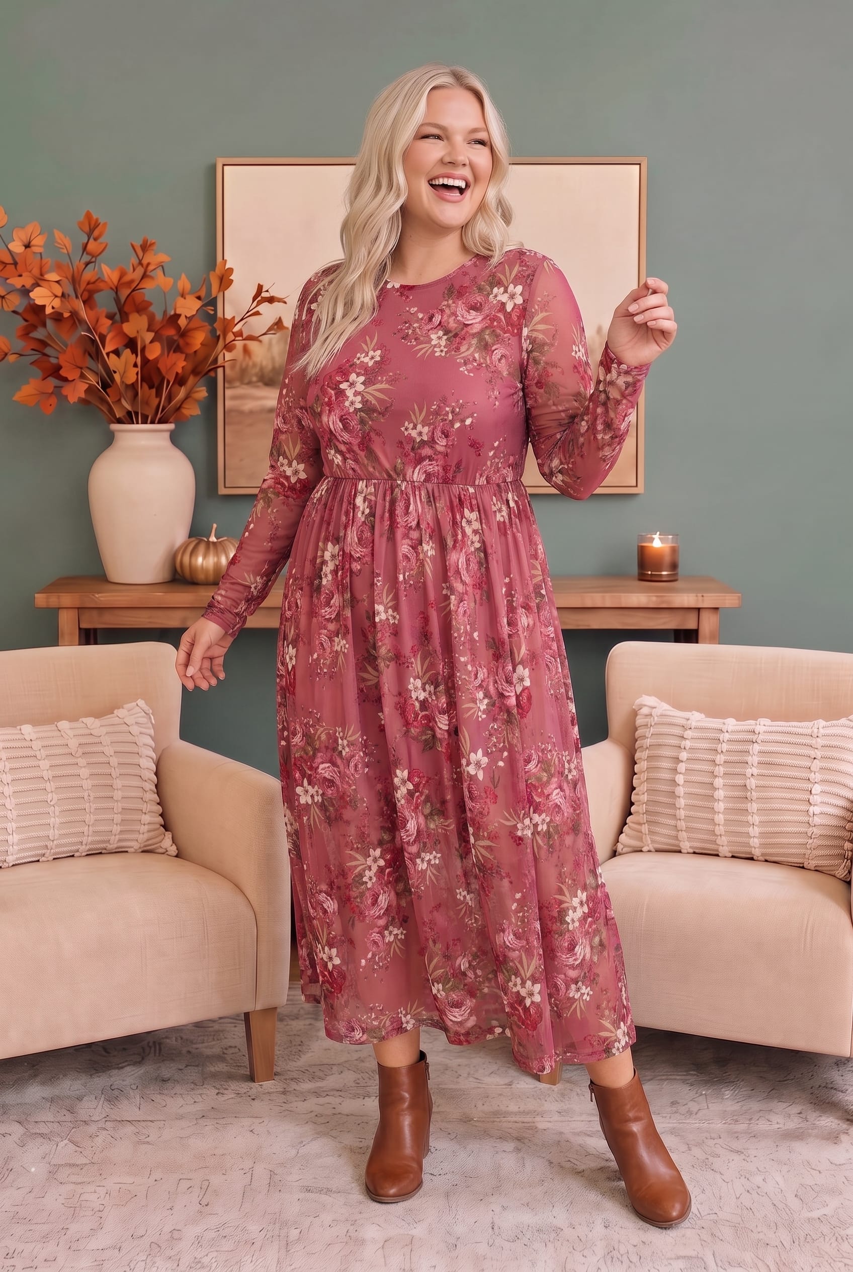 Plus Mauve Floral Mesh Long Sleeve Midi Dress