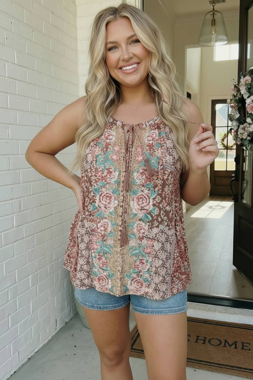 Plus Boho Floral Mixed Print Sleeveless Top