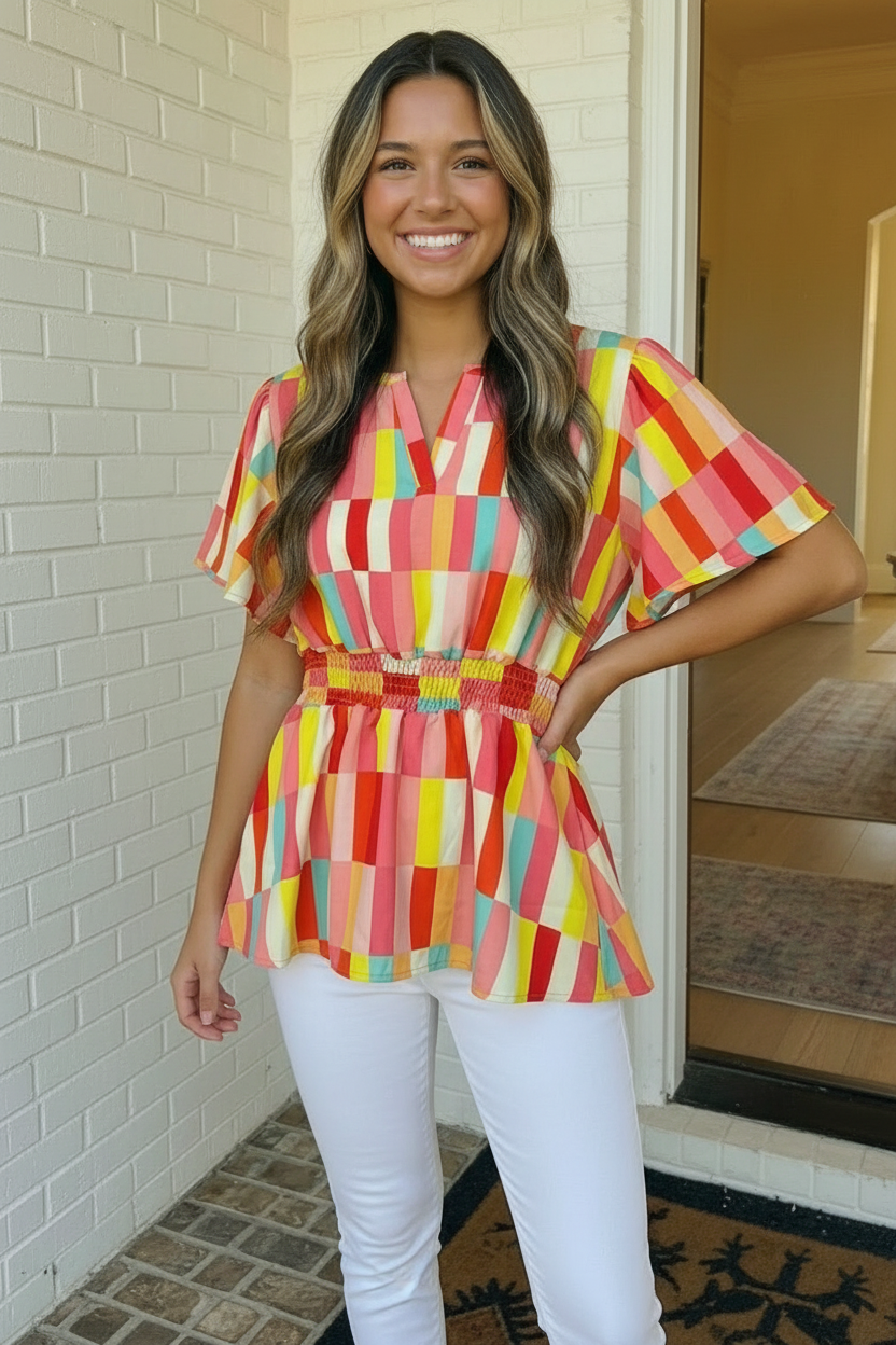 Colorblock Geometric Print Smocked Waist Peplum Top