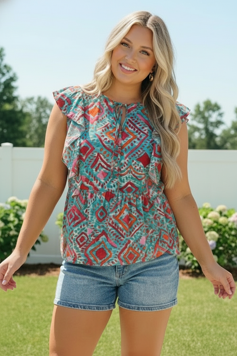 Plus Blue & Fuchsia Print Design Woven Top