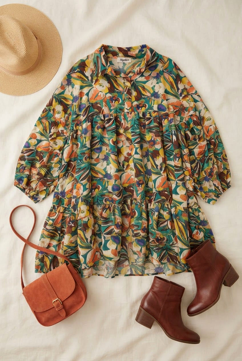 Plus Floral Print Long Sleeve Tiered Mini Dress