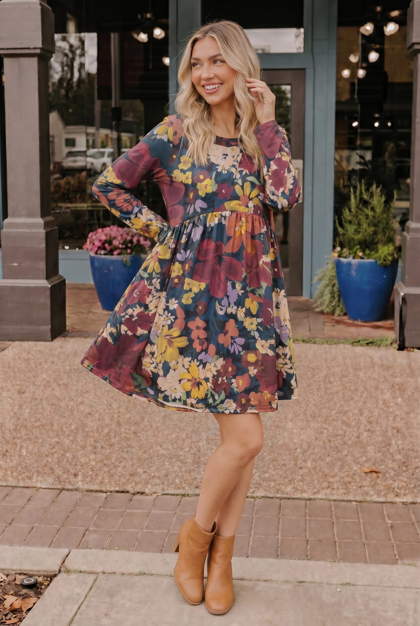 Plus Floral Print Long Sleeve Baby Doll Dress