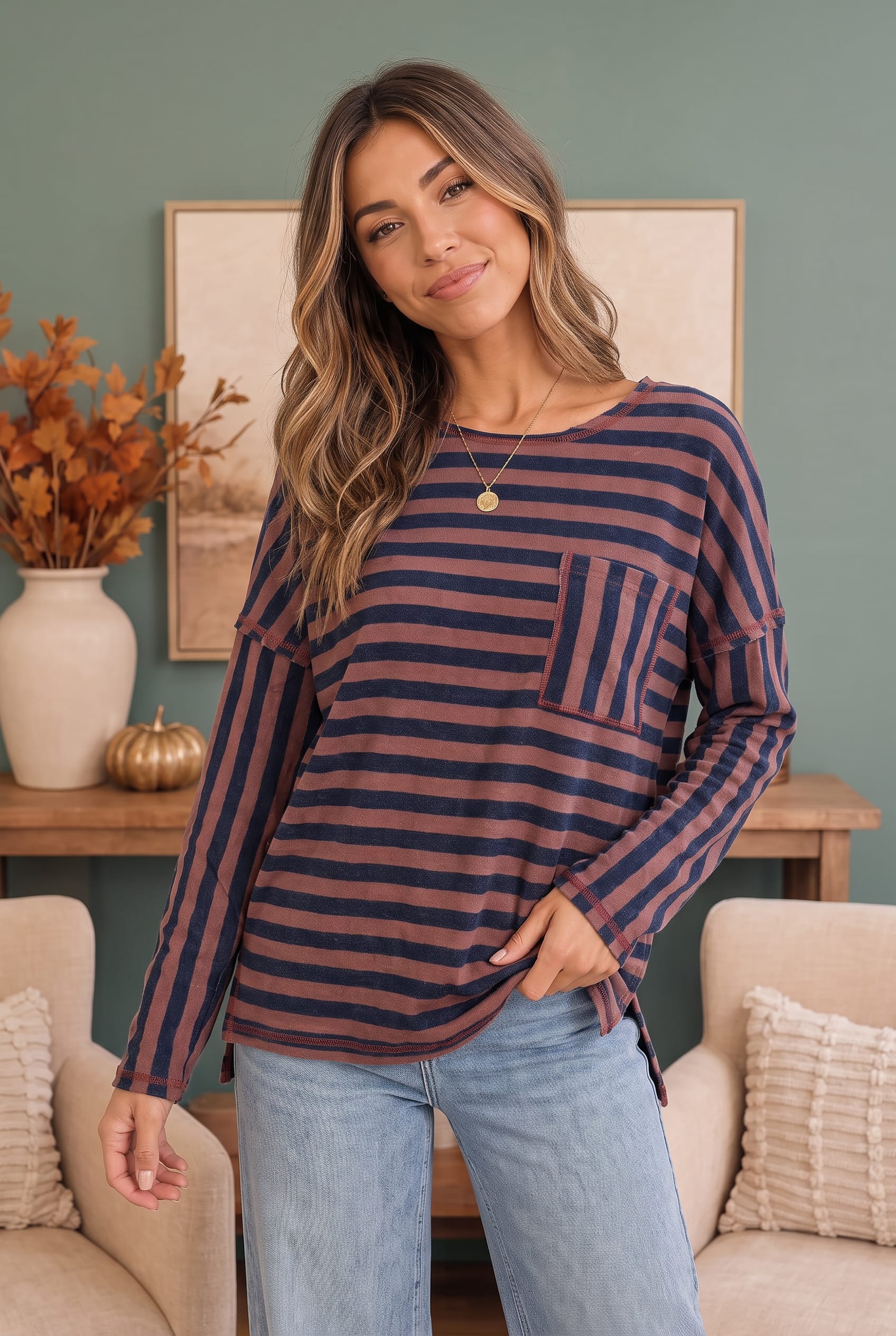 Striped Long Sleeve Top with Chest Pocket