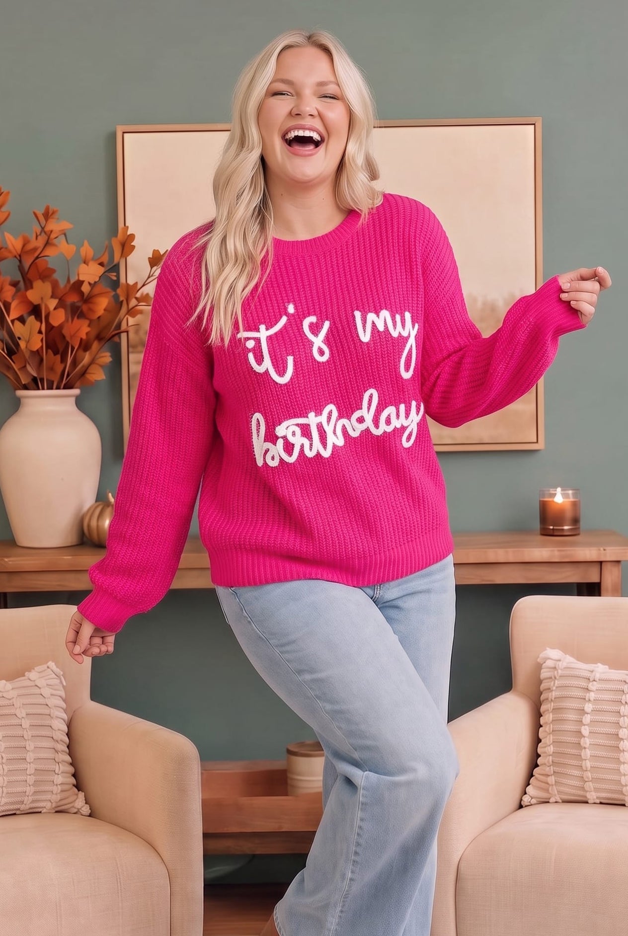 Plus It's My Birthday Fuchsia Knit Sweater