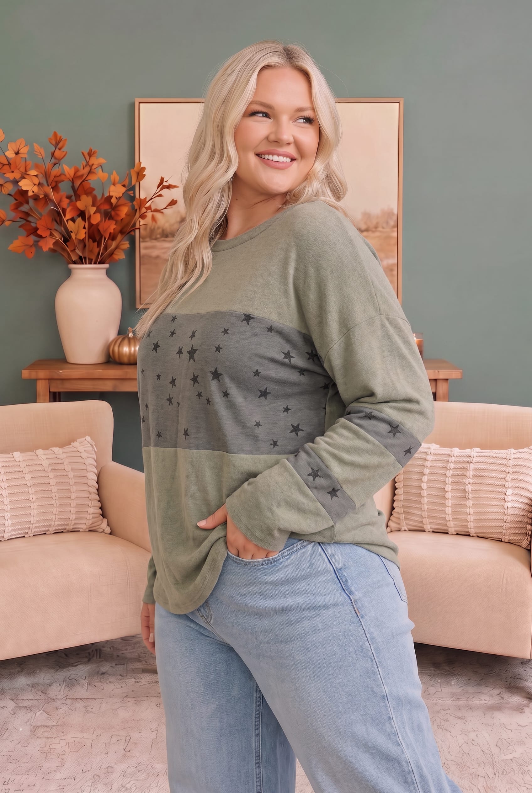 Plus Olive Gray Star Print Long Sleeve Top
