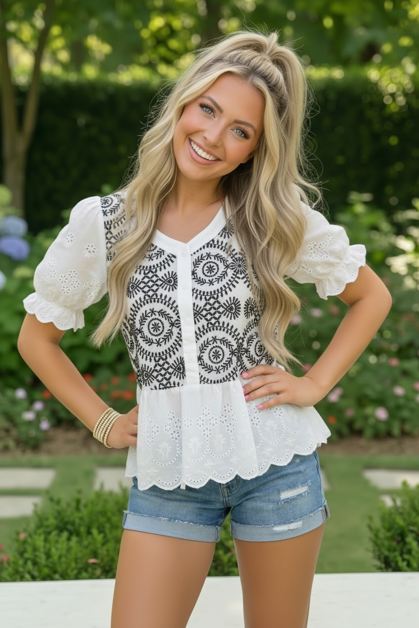 Embroidered Eyelet Peplum Button Front Top