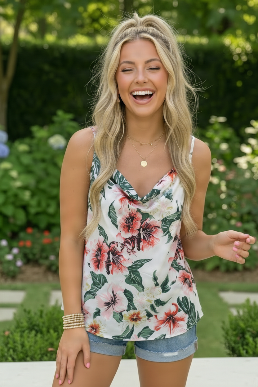 Tropical Floral Cowl Neck Tank Top