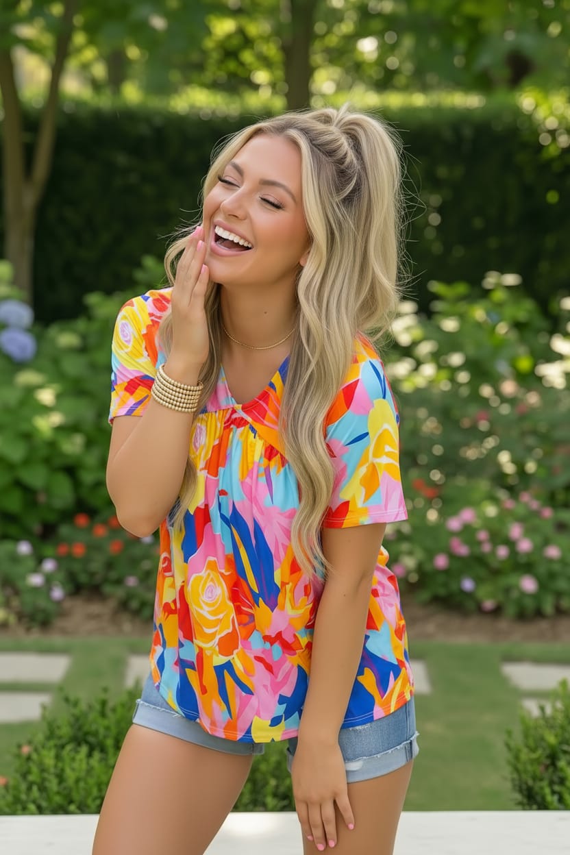 Orange & Yellow Geometric Floral V Neck Dolman Top (Open Pack)