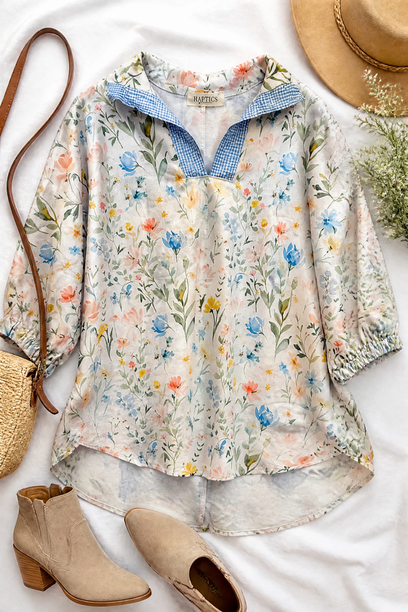 Watercolor Floral Print Top with Gingham Collar