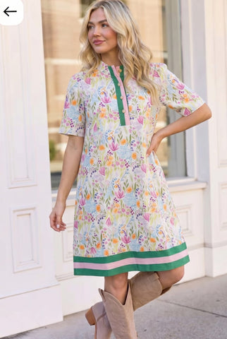 Floral Garden Print Short Sleeve Midi Dress
