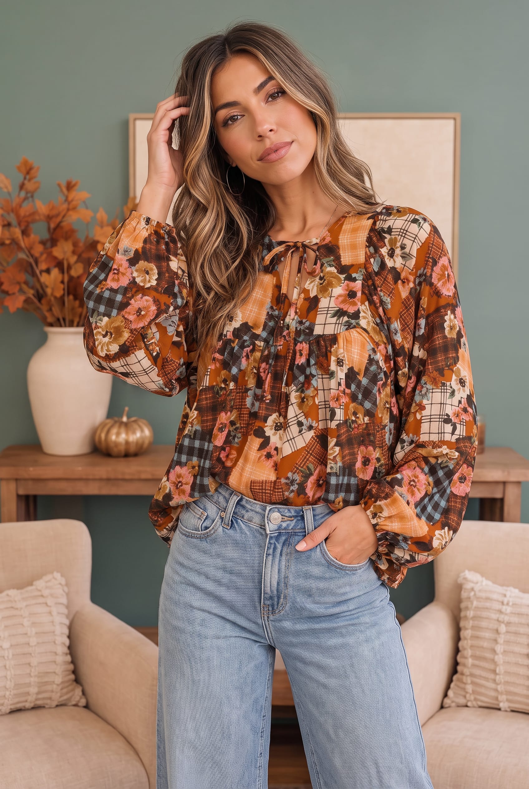Plus Burnt Orange Floral Patchwork Tie Neck Blouse