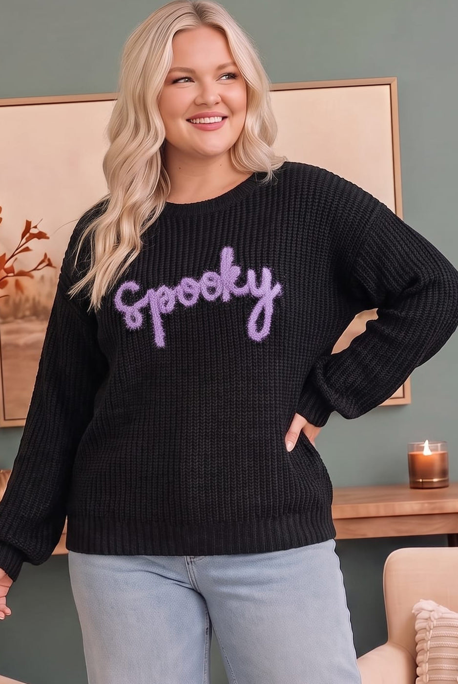Plus Spooky Season Black Knit Halloween Sweater