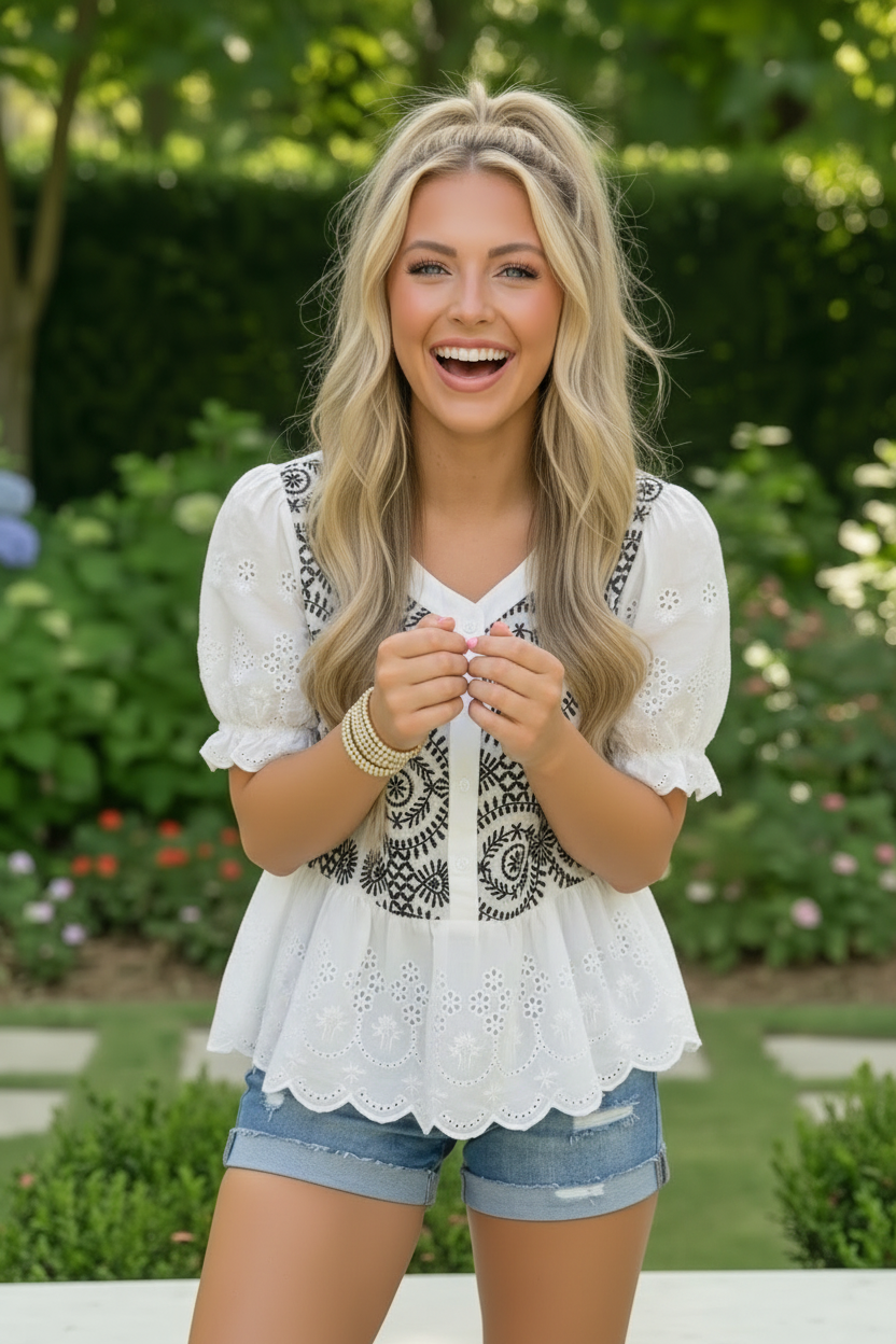 Embroidered Eyelet Peplum Button Front Top