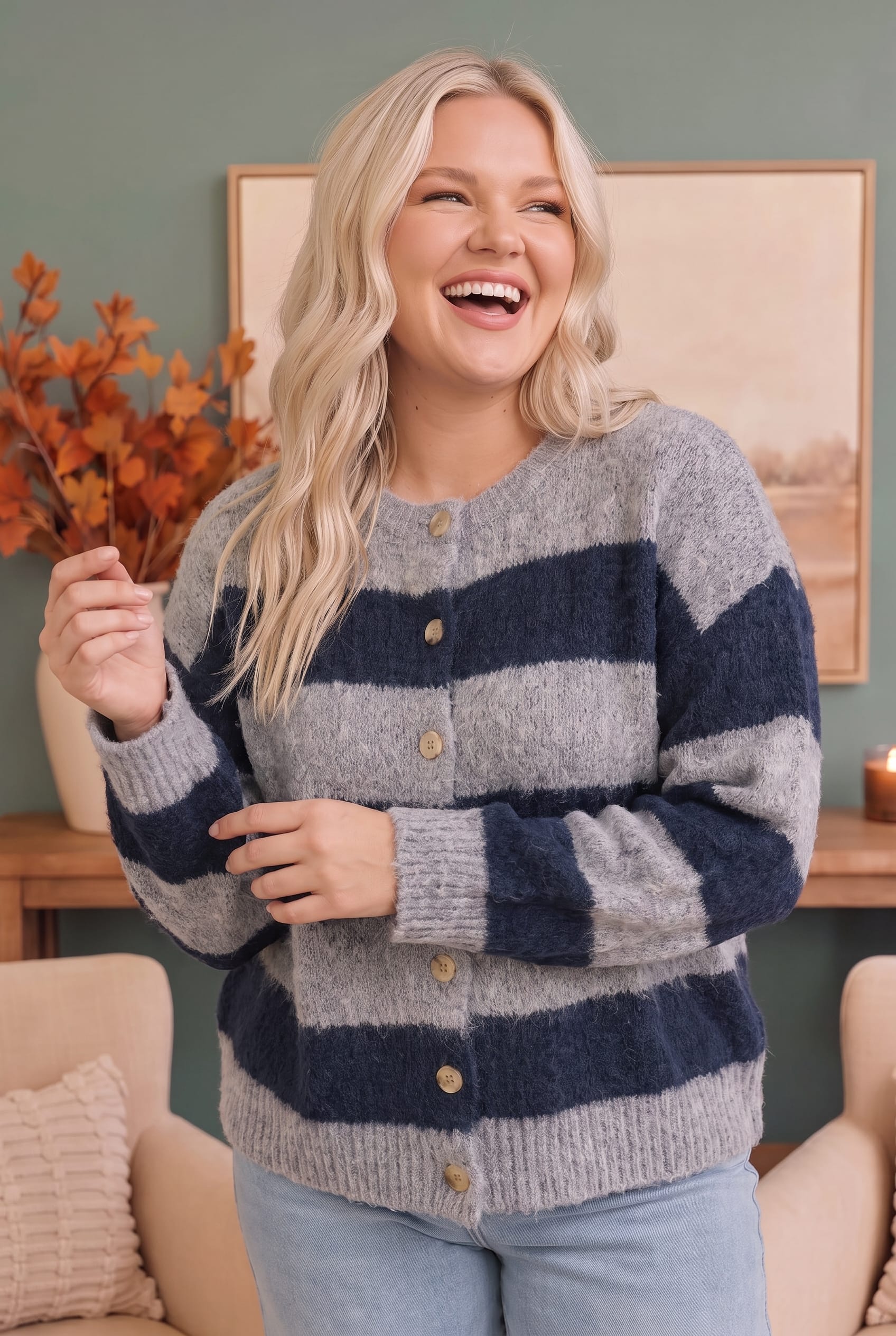 Plus Glacier Navy Striped Fuzzy Button Front Cardigan