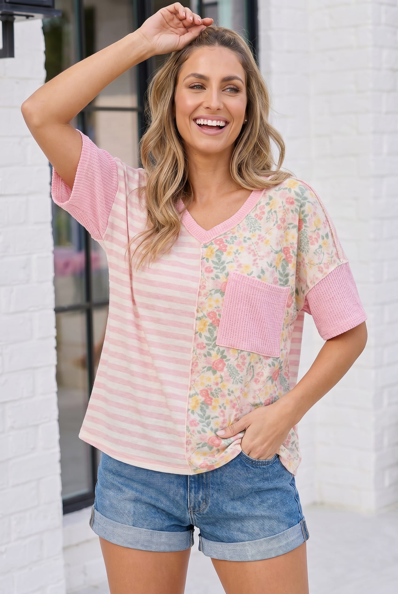 Pink Multicolor Top Plus Pink Stripe and Floral Mixed Print Top