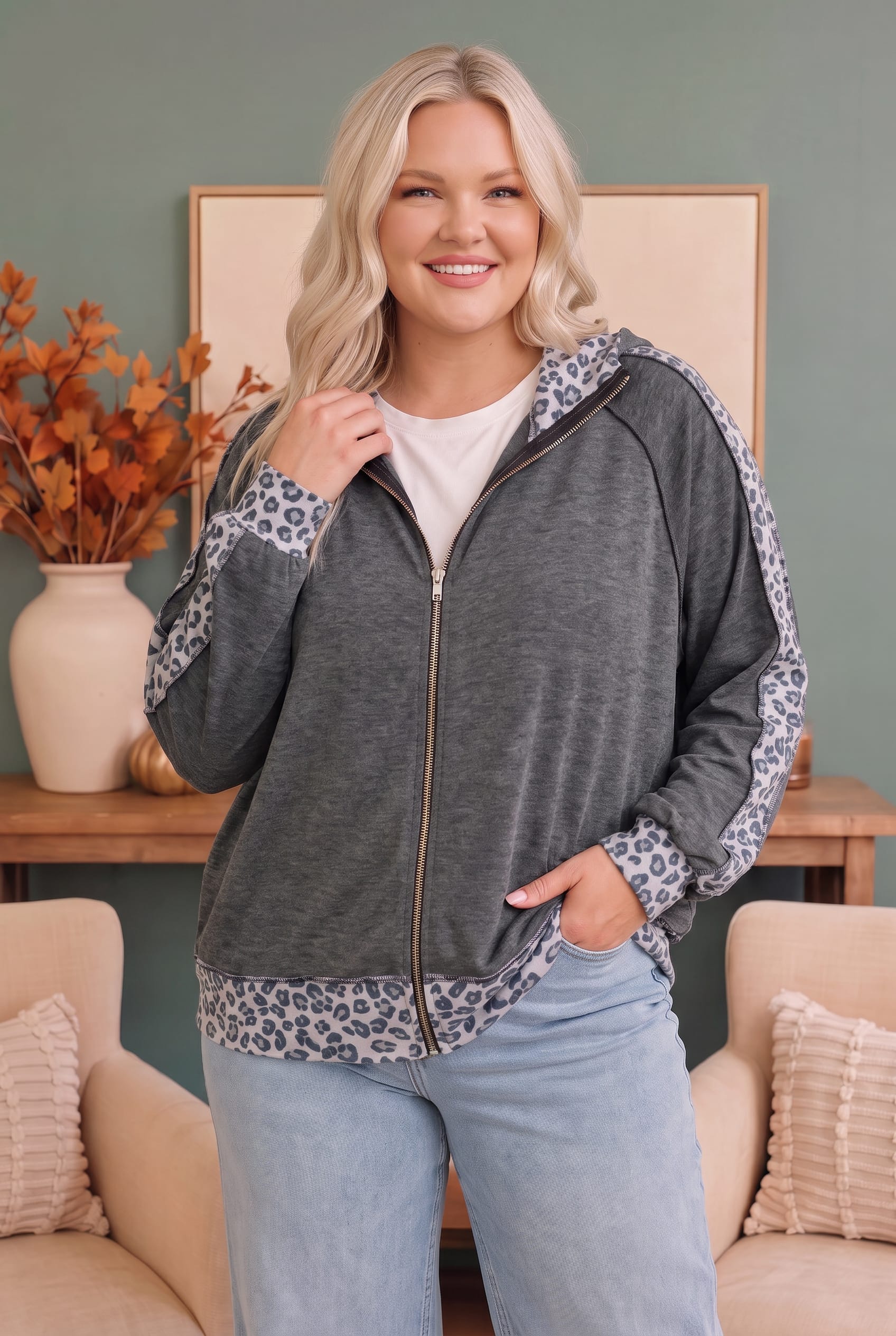 Plus Charcoal Leopard Contrast Zip Up Jacket