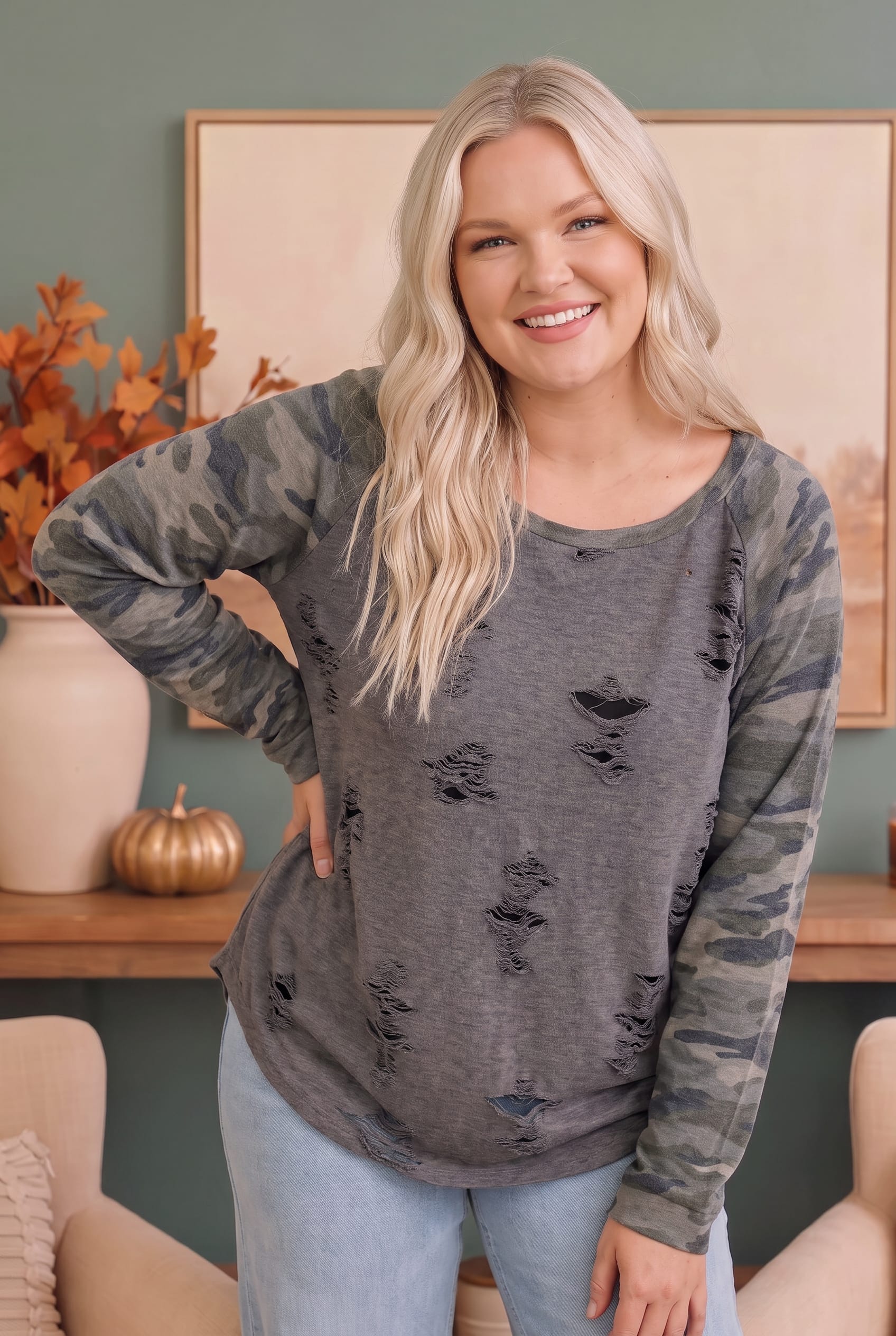 Plus Distressed Camo Raglan Long Sleeve Top