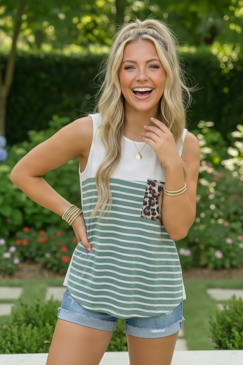 Color Block Striped Sleeveless Swing Top with Leopard Pocket