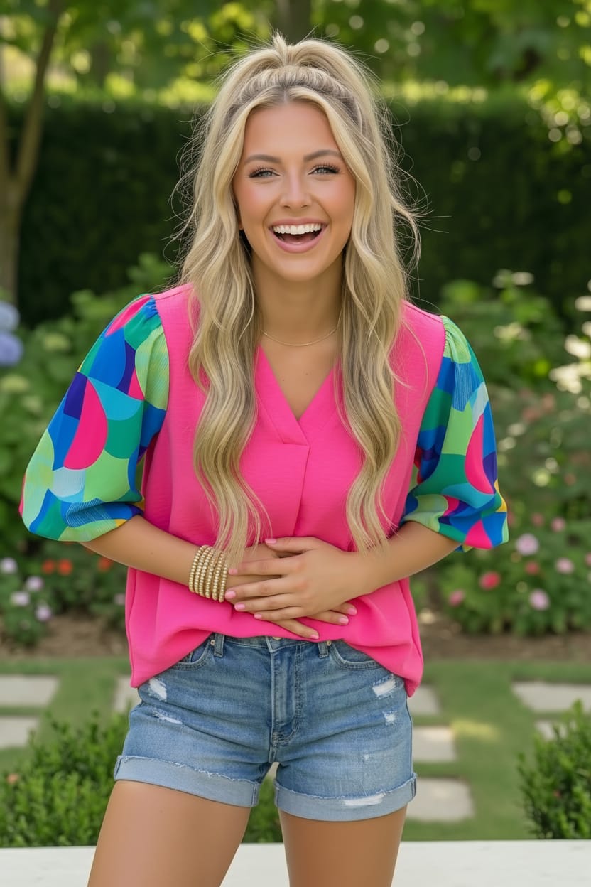 Tell Your Story Fuchsia Geo Print Puff Sleeve V Neck Top (Open Pack)